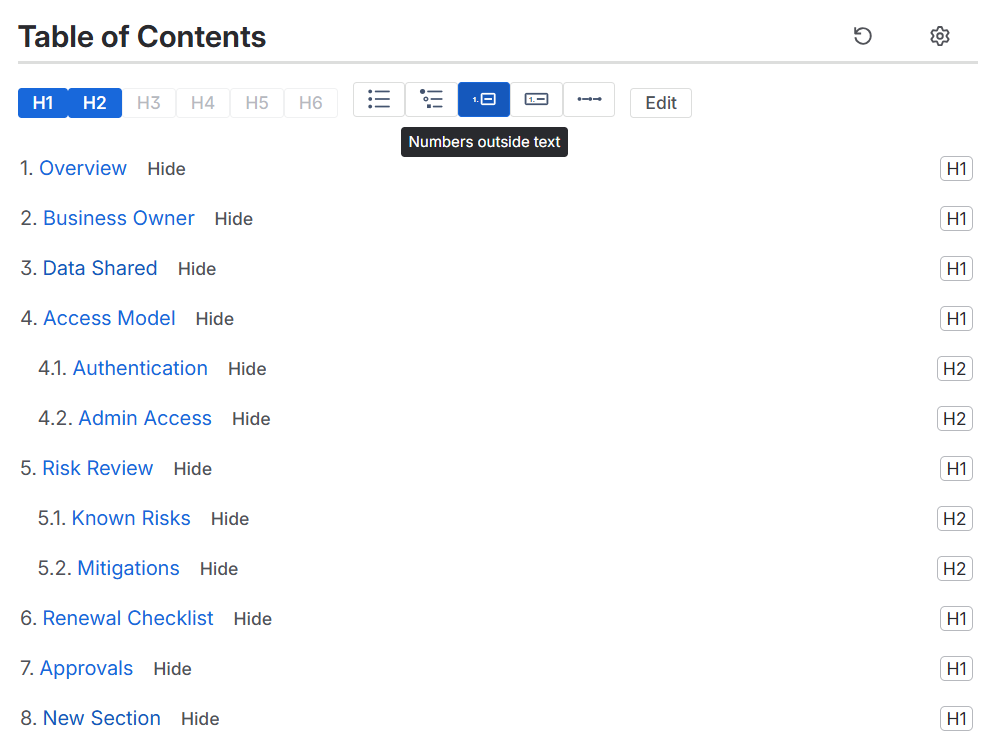Numbers shown only in the table of contents