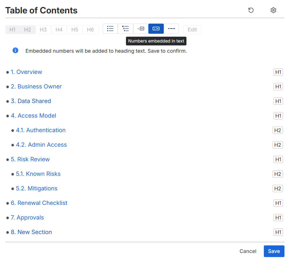 Preview before saving numbers into headings