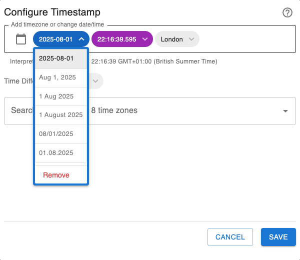 Timestamp parsed date and timezone preview