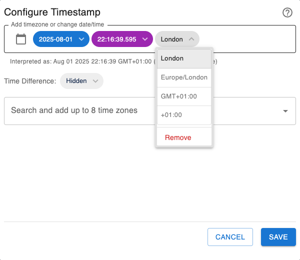 Timestamp timezone selection options