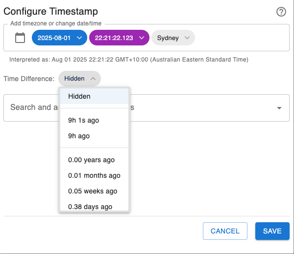 Timestamp countdown and count-up display options