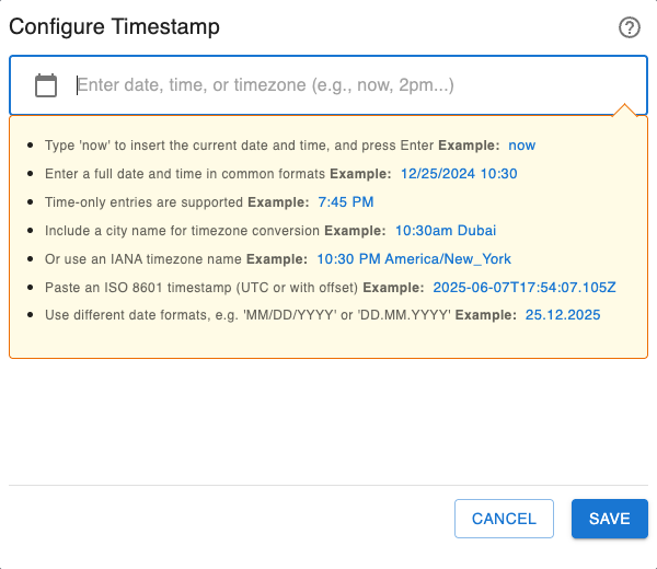 Timestamp built-in help with supported date and timezone examples